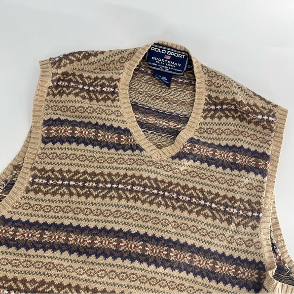 VTG Polo By Ralph Lauren Sweater Vest Mens XXL Biege Fair Isle Sportsman Aztec - Picture 2 of 7